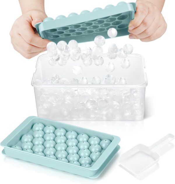 Round Ice Cube Tray with Lid & Bin Ice Ball Maker Mold